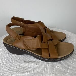Clarks Women's Brown Leather Strappy Adjustable Comfort Wedge Sandals Size 11